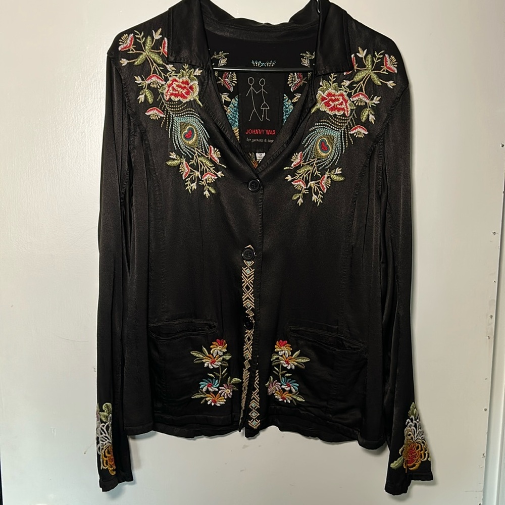 Johnny Was, black embroidered top